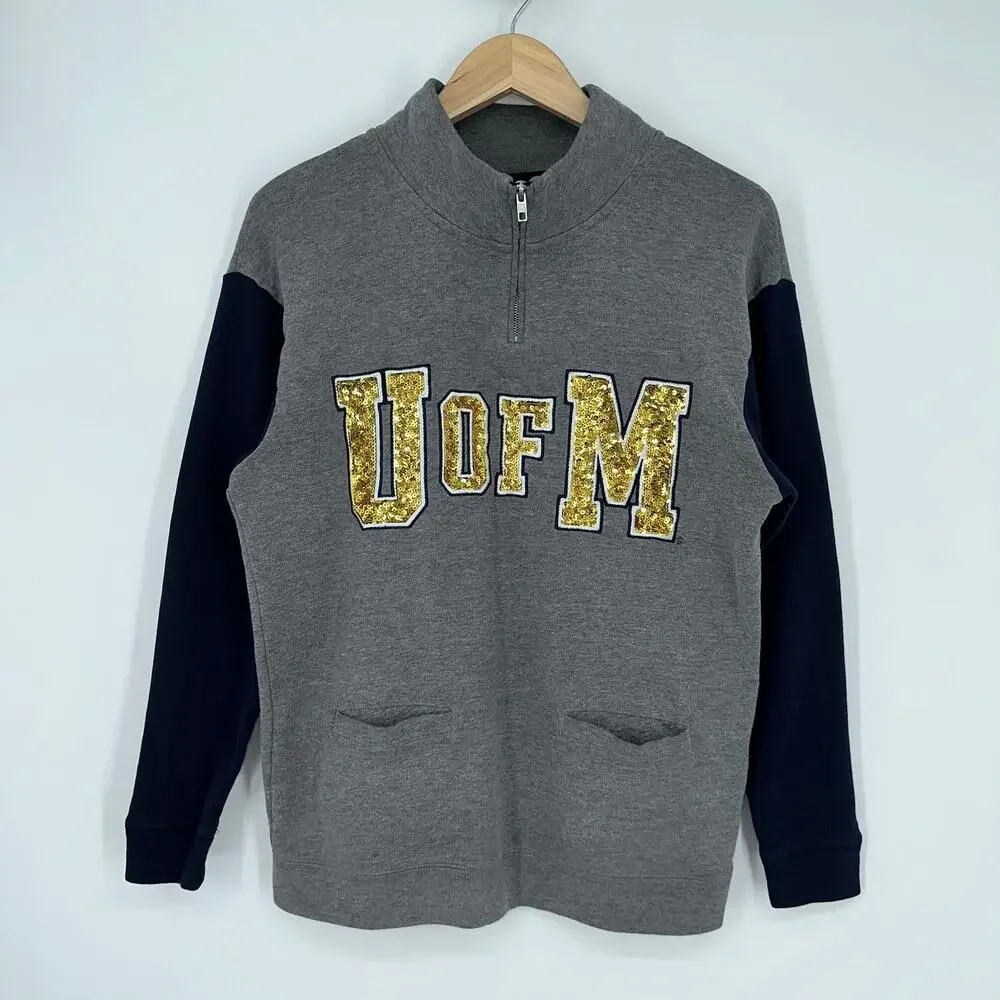 PINK University of Michigan Sweatshirt Half Zip Sequin Logo Pullover Sweatshirt